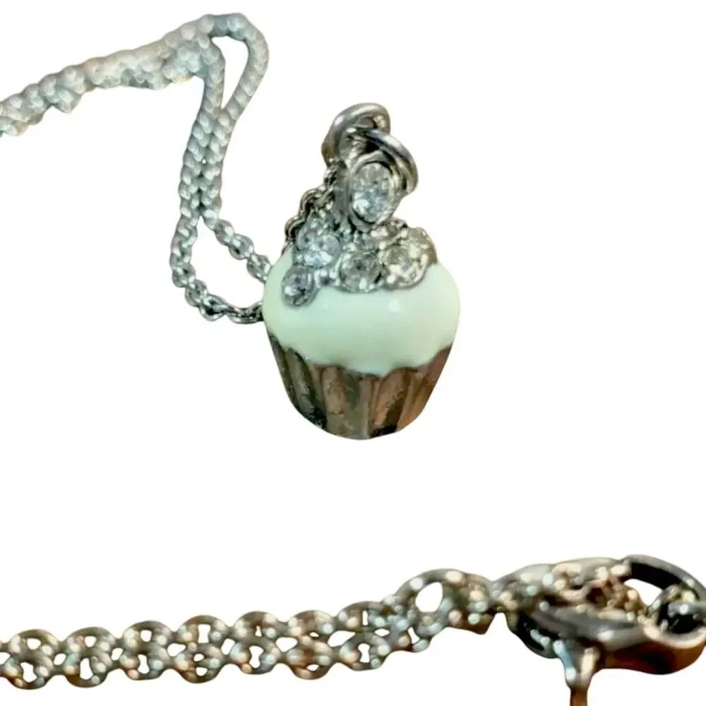 Cupcake Necklace Pendant Rhinestone Charm Silver Tone Cream Enamel 16-17
